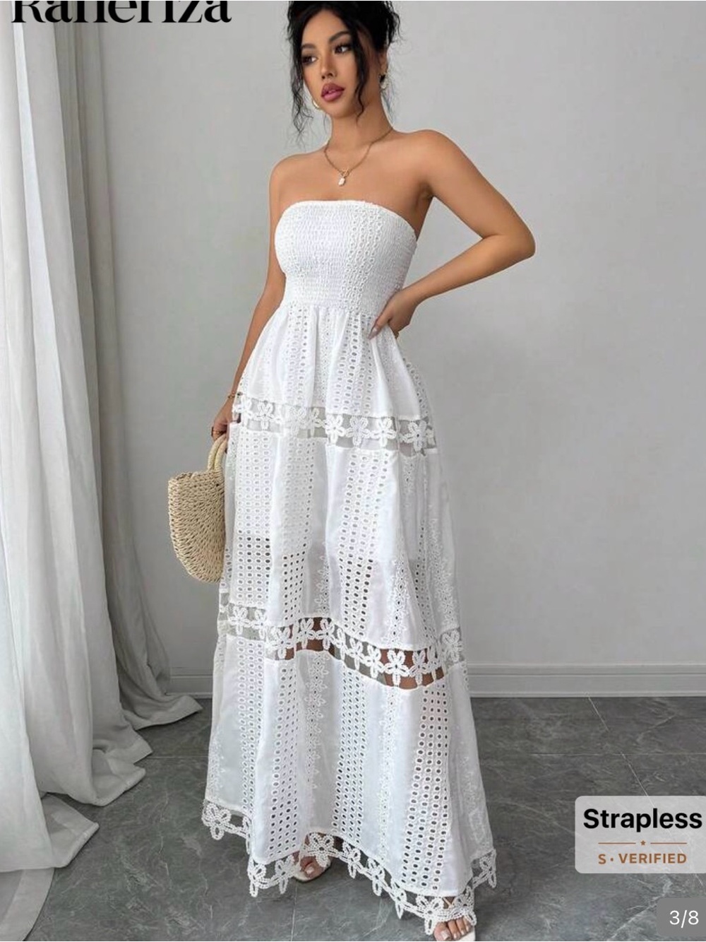 Strapless White Eyelet Maxi Dress with Floral Trim